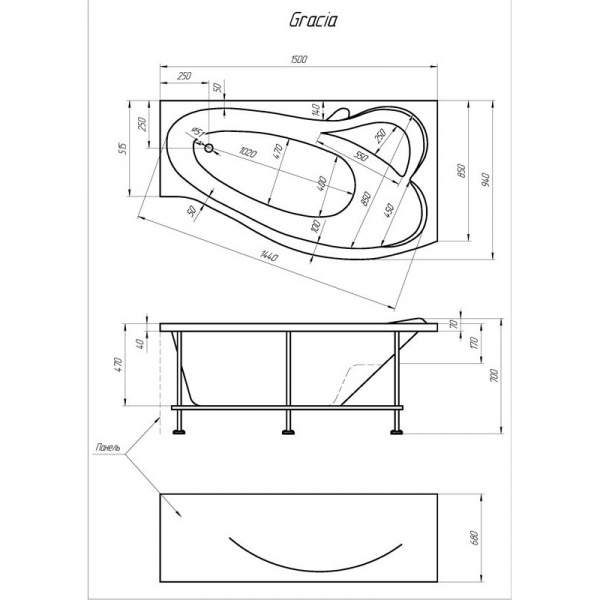 Ванна акриловая 1Marka GRACIA 01гр1590л 150x90 см. левая  Ванна акриловая 1Marka GRACIA 01гр1590л 150x90 см. левая