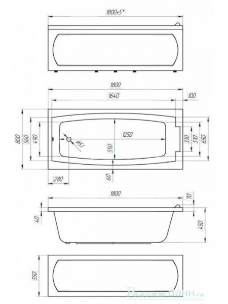 Ванна акриловая 1Marka AELITA 01ае1880 180x80 см.  Ванна акриловая 1Marka AELITA 01ае1880 180x80 см.