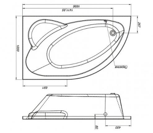 Ванна акриловая Mirsant ФАНАГОРИЯ  170x100 см. левая  Ванна акриловая Mirsant ФАНАГОРИЯ  170x100 см. левая
