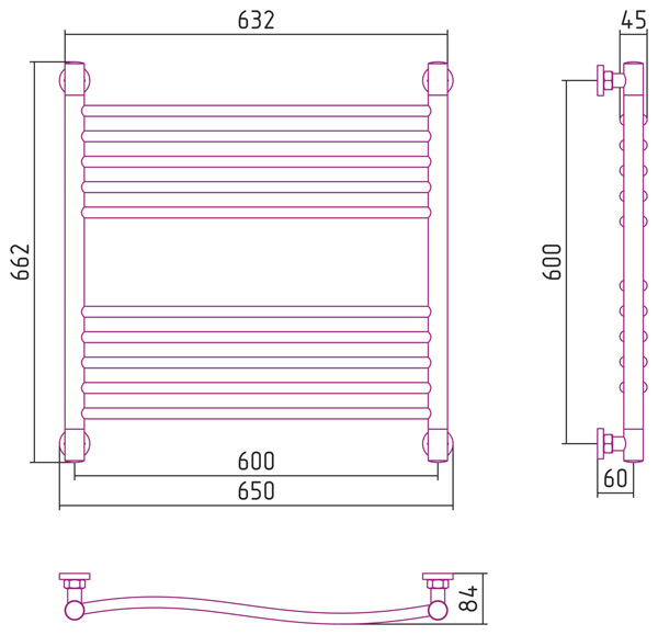 Полотенцесушитель водяной Сунержа ФЛЮИД+ 00-0222-6060 600х600 