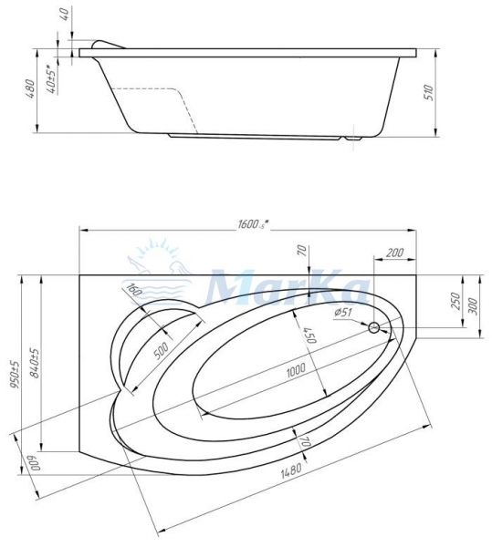 Ванна акриловая 1Marka JULIANNA 01дж1695л 160x95 см. левая 